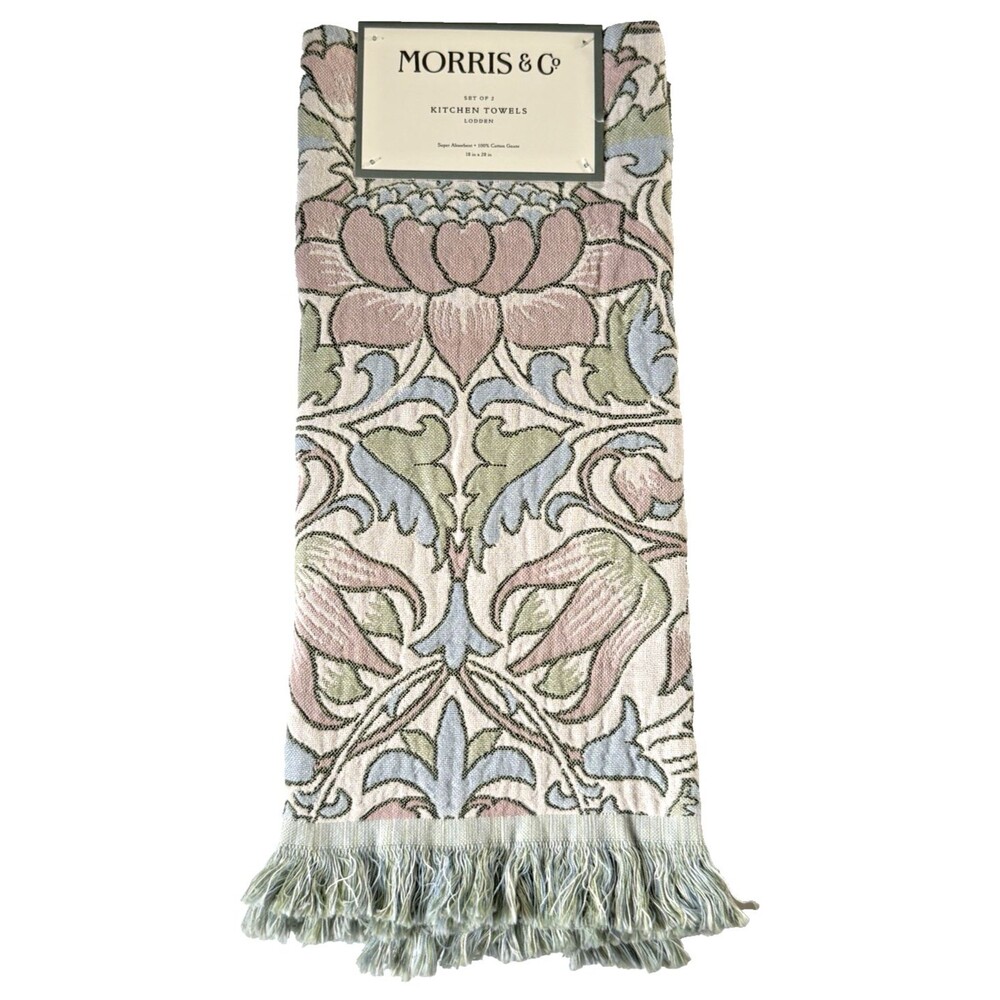 Morris & Co Kitchen Dish Towels Set of 2 Lodden 100% Cotton Fringe Pink Blue